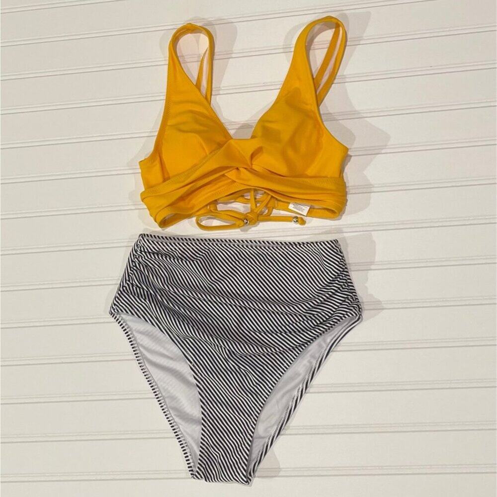 Cupshe Women 2 Piece XS Yellow Black Striped High Waist Tie Back Wrap Bikini NWT